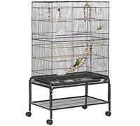 PawHut Cage à Oiseaux avec Support à roulettes - Volière Grande Taille 79x49x133cm pour Perruche Canari - 10 Portes et 1cm Espacement, Espace Spacieux avec Accessoires et Nettoyage Facile, Noir