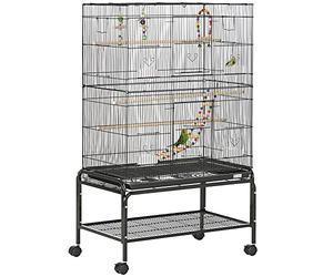 PawHut Cage à Oiseaux avec Support à roulettes - Volière Grande Taille 79x49x133cm pour Perruche Canari - 10 Portes et 1cm Espacement, Espace Spacieux avec Accessoires et Nettoyage Facile, Noir