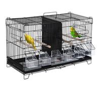 Pawhut Cage À Oiseaux Dim. 59,5l X 29,8i X 35,3h Cm Mangeoires Perchoirs 4 Portes Plateau Excrément Amovible + Poignée Transport Métal Pp Noir
