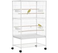 PawHut Cage à Oiseaux d'intérieur en Acier et Bois avec Plateau Amovible, 4 roulettes, perchoir et bac à Nourriture, 78 x 52 x 132 cm, Blanc