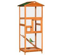PawHut Cage à Oiseaux Grande Taille en Bois Massif, volière avec Toit en Asphalte, 2 Portes et tiroir Amovible, 68 x 63 x 165 cm, Orange