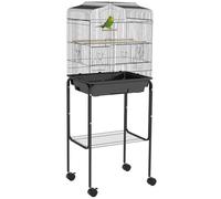 PawHut Cage à oiseaux pour pinsons, canaris et perruches avec roulettes, plateau coulissant pour accessoires, étagère de rangement, noir, 46,5 x 36 x 124 cm