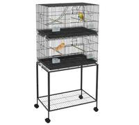 PawHut Cage à Oiseaux sur Pied volière Double Acier 77 x 46 x 164 cm Noir | Plateau Amovible, Perchoirs, Mangeoires, Étagère, Poignée, Roulettes