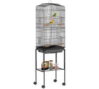PawHut Cage à oiseaux sur pied volière oiseaux sur roulettes avec toit ouvrant 3 perchoirs étagère inférieure 46,5 x 36 x 157 cm