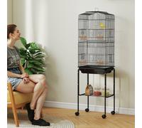 PawHut Cage à oiseaux sur pied volière oiseaux sur roulettes toit ouvrant 3 perchoirs étagère inférieure 46,5x36x157cm noir