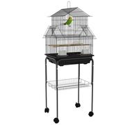 PawHut Cage à Oiseaux sur Pied, volière sur roulettes avec balançoire, poignée Portable, 2 mangeoires, Support, Design Maison, Cage pour pinsons, canaris et perruches 50,5 x 41 x 121 cm en Acier Noir
