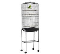 PawHut Cage à oiseaux sur roues 46,5x36x157 cm Cage à oiseaux en métal avec portes 4 mangeoires 3 perchoirs Plateau amovible et étagère de rangement pour canaris Perruches noir