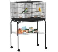PawHut Cage à Oiseaux Volière Acier Séparateur Perruches 76x46x116cm Noir | Intérieur, 4 Perchoirs, Plateau Coulissant, 4 Mangeoires, Support avec Étagère et roulettes, Canaris, Pinsons