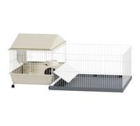 PawHut Cage Cochon d'Inde avec Parc Amovible 4 Roues pour Hérisson Beige | Cage pour Petits Animaux, Tapis Imperméable, Balcon, Bol d'Alimentation, Rampe à Couverture Souple