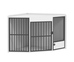 PawHut Cage d'angle pour chien, pour la maison, niche intérieure verrouillable, avec porte d'alimentation rotative, pour chiens de petite/moyenne taille, blanche, 113 x 80 x 64 cm