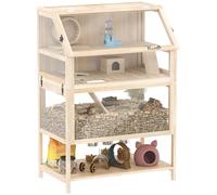 PawHut Cage en bois à 3 niveaux pour petits animaux avec plancher inférieur amovible, étagère de rangement, cabane, balançoire, roue d'exercice, rampes, habitat pour hamster nain, gerbille, 80 x 53 x
