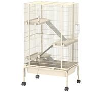 PawHut Cage Enclos Lapin à 4 Niveaux, 2 Portes 69 x 44 x 120 cm Beige | Parc Lapin pour Furets et Chinchillas, 3 Rampes, Plateau Profond de 15 cm, Roulettes, Bouteille d'Eau, Gamelle