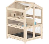 PawHut Cage Hamster 3 Étages en Bois avec Bac Amovible, Couvercle Ouvrant, Bascule, Cabane, Fenêtre, 68x61,5x90cm, Naturel