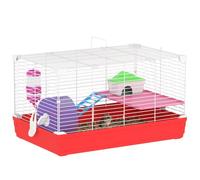 PawHut Cage Hamster Base Amovible Cabane 47 x 30 x 27 cm Blanc et Rouge | Cage Rongeur à 2 Niveaux, pour un Nettoyage Facile, Roue d'Exercice, Échelle, Bol