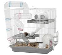 PawHut Cage Hamster, Cage Rongeur à 3 Niveaux, avec Roue d'exercice, Tunnel, gamelle, Niche et Rampe d'accès, pour Hamsters Nains et gerbilles, 45 x 30 x 45 cm, Gris