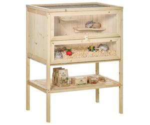 PawHut Cage Hamster en Bois 3 Niveaux, Habitat pour Rongeur 60x40x80cm | Plateformes, Échelles, Étagère, Fenêtre Transparente, Toit Ouvrable en Maille Métallique, Porte Avant, Facile à Nettoyer