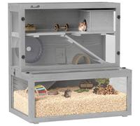 PawHut Cage Hamster en Bois à 3 Niveaux avec Cabane, Roue 80x50x84cm Gris