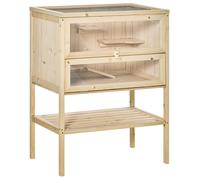 PawHut Cage Hamster en Bois à 3 Niveaux avec Plateformes, Échelles, Étagère, Fenêtre, Toit Ouvrable, 60x40x80cm, Naturel