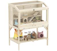PawHut Cage Hamster en Bois, Cage Rongeur à 2 Niveaux, avec étagère de Rangement, Couvercle ouvrant, Plateau Amovible, Bascule, Rampe, pour Hamsters syriens, gerbilles, 84 x 53 x 110 cm, Bois Naturel