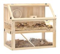 PawHut Cage Hamster en Bois, Cage Rongeur à 3 Niveaux, Base Amovible pour Un Nettoyage Facile, Couvercle ouvrable, cabane, balançoire, Roue d'exercice et rampes, 80 x 50 x 76 cm, Bois Naturel
