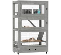 PawHut Cage Hamster Nain Bois 4 Niveaux 65x45x109 cm Gris | Cage pour rongeurs, rouleaux, cabanes, bascule, gamelles, verrou, rampes, station d'alimentation