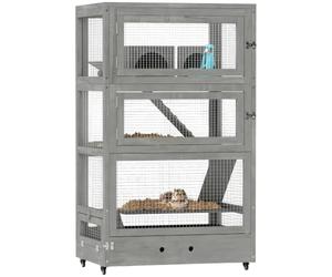 PawHut Cage Hamster Nain Bois 4 Niveaux 65x45x109 cm Gris | Cage pour rongeurs, rouleaux, cabanes, bascule, gamelles, verrou, rampes, station d'alimentation