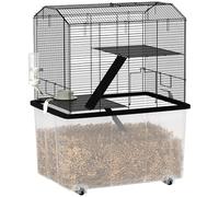PawHut Cage Hamster, Cage Rongeur, 3 étages, avec roulettes, 2 Plate-Forme et 2 échelle, c, en Fil d'acier, 57 x 43 x 74 cm, Noir