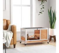 PawHut Cage lapin intérieur, clapier cochon d'inde avec toit ouvrant et roulettes, plateau amovible, 90x53x59cm, jaune et blanc