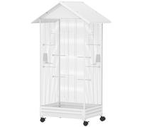 PawHut Cage oiseau sur pied volière oiseaux intérieure sur roulettes 2 mangeoires 8 perchoirs 79 x 65 x 155 cm fil d'acier blanc