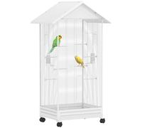 PawHut Cage oiseau sur pied volière oiseaux intérieure sur roulettes 2 mangeoires 8 perchoirs 79 x 65 x 155 cm fil d'acier blanc
