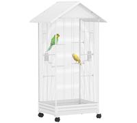 PawHut Cage Oiseau sur Pied, volière Oiseaux intérieure sur roulettes, avec Plateau Coulissant, 2 mangeoires et 8 perchoirs, pour pinsons canaris, 79 x 65 x 155 cm, Fil d'acier, Blanc