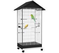 Pawhut Cage oiseau sur pied, volière sur roulettes, 2 mangeoires, 8 perchoirs, noir
