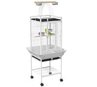 PawHut Cage Oiseaux, voliere Oiseaux à roulettes, Cage Perroquet avec Support, Plateau Coulissant, Aire de Jeu, étagère de Rangement, perchoir en Bois, contenants Alimentaires, 62,5x62,5x156cm, Blanc