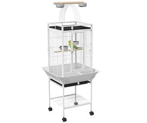 PawHut Cage Oiseaux, voliere Oiseaux à roulettes, Cage Perroquet avec Support, Plateau Coulissant, Aire de Jeu, étagère de Rangement, perchoir en Bois, contenants Alimentaires, 62,5x62,5x156cm, Blanc