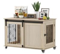 PawHut Cage pour chien, 100 cm, avec roulettes, porte coulissante, porte latérale, niche verrouillable pour chiens de taille moyenne et grande, chêne