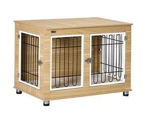 PawHut Cage pour Chien Meuble Cage Chien intérieur Table d'appoint Multi-usages avec Double Porte et Coussin - Niche pour Chien Moyenne et Grande Taille - 90 x 58 x 65 cm, Aspect Marron