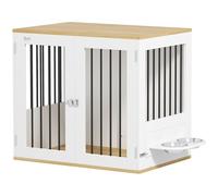 Pawhut Cage pour Chiens, Table d'appoint, Meuble Cage Chien intérieur, maisonnette pour Animaux avec gamelles Amovibles et rotatives à 360°, 2 Portes, pour Taille Moyenne, Blanc