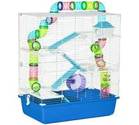 PawHut Cage pour Hamster 59x36x69 cm Maison pour Petits Animaux avec Plateformes à Tunnel Abreuvoir Rampe d'accès à la Maison et Roue d'exercice Bleu