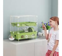 PawHut Cage pour hamster à 2 niveaux, habitat pour petits rongeurs avec roue de course, salle de bain en sable, système de tuyaux, pour hamster nain, 44,5 x 28 x 44 cm, vert Descriptions Longues:Explo