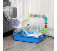 PawHut Cage pour Hamster à 3 Niveaux avec Tunnel, Maisonnette et Roue pour Hamsters, 59x36x47cm, Bleu et Blanc