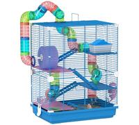 Pawhut Cage pour hamster 4 étages avec tunnels, roue, mangeoire, maison, échelles – Bleu 46×30×58 cm