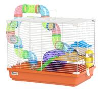PawHut Cage pour hamster avec tunnel gamelle biberon maisonnette rampe roue d'exercice bac amovible 46x30x37 cm Orange