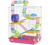 PawHut Cage pour Hámster avec Tunnel Plateformes Gamelle Abreuvoir Maisonnette Rampes et Roue d'Exercice 46x30x58 cm Rose