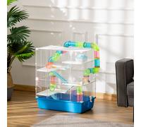 PawHut Cage pour Hamster avec Tunnel Plates-Formes Bol Abreuvoir Cabane Rampes et Roue d'Exercice 59x36x69 cm Bleu
