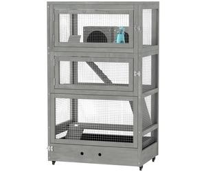 PawHut Cage pour hamster en bois à quatre niveaux, avec cabanes, bascule, bols d'alimentation, rampes, roulettes, 65 x 45 x 109 cm, Gris