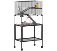 PawHut Cage pour hamster, enclos pour petits animaux à 3 niveaux, roue, hutte, plateformes, rampes, gamelle, bouteille d'eau, accessoires, acier, plastique, Noir