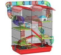 Pawhut Cage pour hamster avec tunnel, mangeoire, roue, jouet 47x30x59 cm Rouge