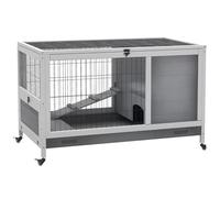 PawHut Cage pour Lapins et cochons d'Inde avec 4 Roues, Maison en Bois pour Lapins et Rampe, Gris, 90x53x59 cm