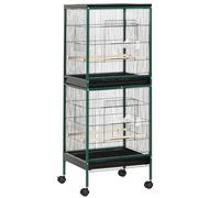 PawHut Grande Cage à Oiseaux sur Pied - volière Double avec mangeoires perchoirs Plateau Amovible - roulettes - 51,5 x 50 x 140 cm Vert Noir
