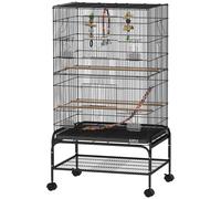 PawHut Cage pour Oiseaux avec Aire de Jeu, Roues, Plateau Amovible et Étagère, 64x45x110 cm, Noir
